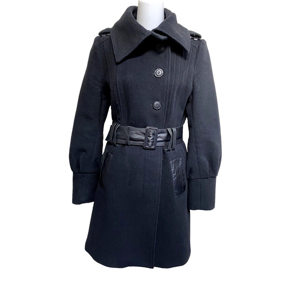 Mackage Mixed Media Coat Leather Trim Belt Asymmetrical Closure Wool Cashmere~ M - Picture 1 of 5
